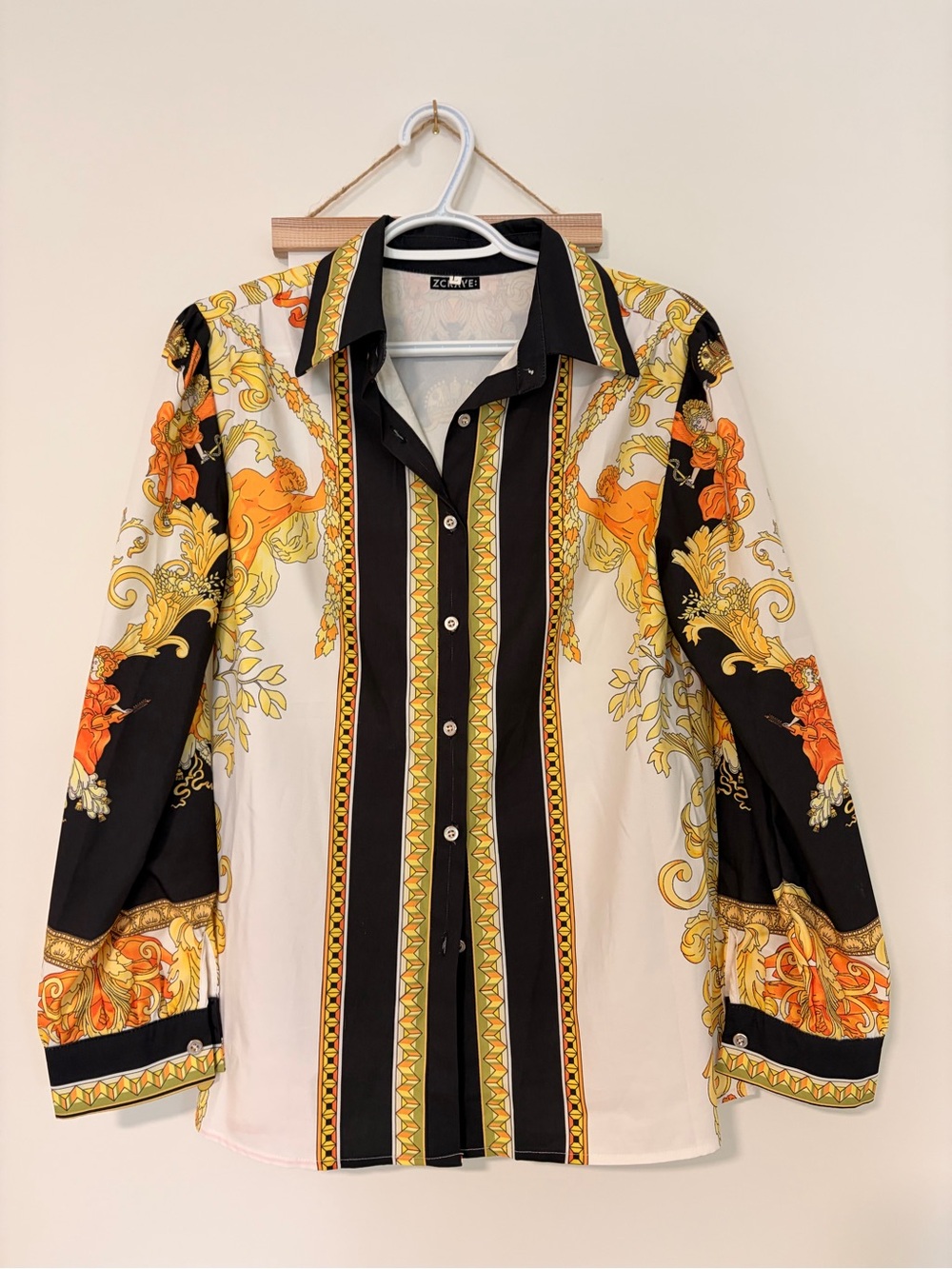 Bold Baroque Print woman’s Shirt in Black, White & Gold